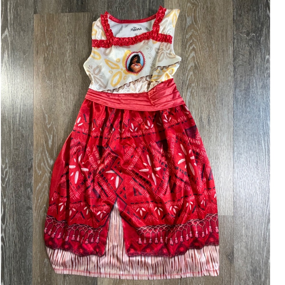 Disney Moana Nightgown Girls 5T Red Cream Ruffle Character Sleep Dress